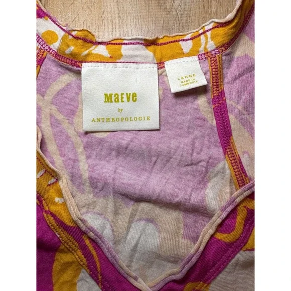 Mauve Anthropologie Pink Yellow Floral V Neck Organic Cotton T Shirt Top L - Picture 2 of 5